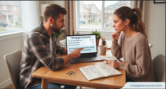 A couple using a laptop and notebook at a dining table to calculate home affordability, budgeting based on income, debts, and current 7.28% interest rates.