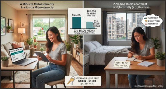 Split-screen comparison showing how a $50,000 salary feels comfortable in a mid-size Midwestern city versus tight in a high-cost city, including home affordability data at 7.28% interest rates.