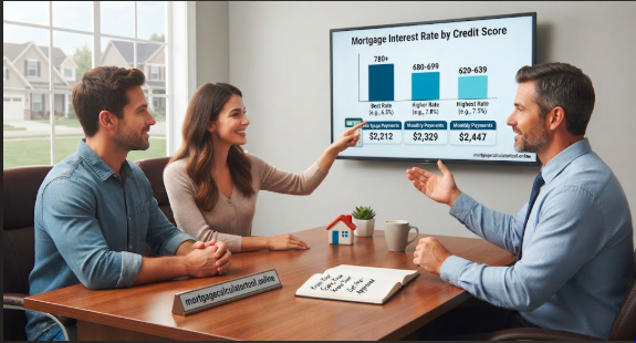 A couple reviewing a mortgage interest rate and credit score tier chart with a lender in an office meeting.